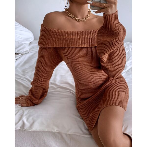 

Off Shoulder Foldover Ribbed Knit Sweater Dress, Rust brown