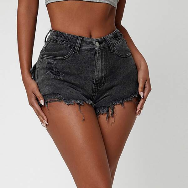 

High Waist Ripped Raw Hem Denim Shorts, Dark grey