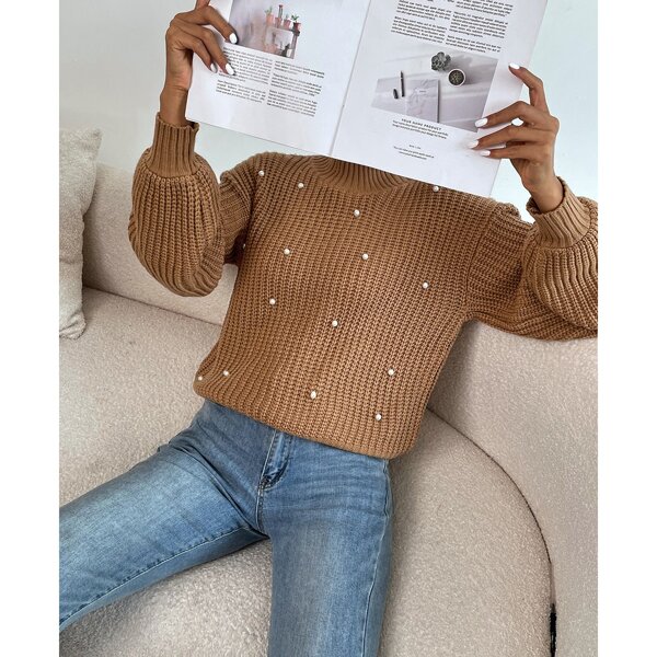 

Pearl Beaded Mock Neck Drop Shoulder Sweater, Camel