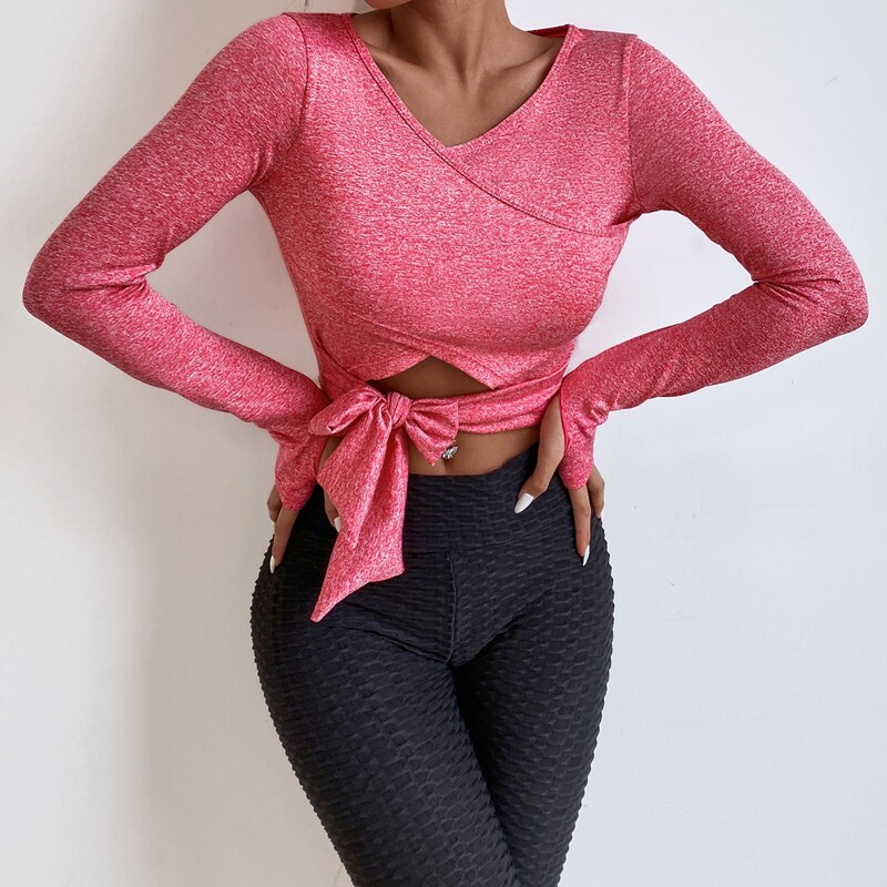 

Space Dye Wrap Tie Front Sports Tee, Hot pink