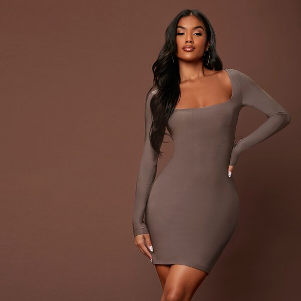 

Solid Square Neck Bodycon Dress, Grey
