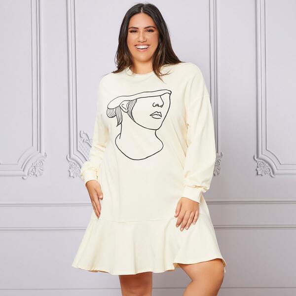 

Plus Figure Graphic Ruffle Hem Drop Shoulder Sweatshirt Dress, Apricot
