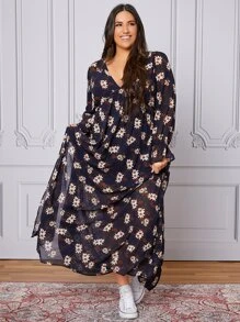 SHEIN Clasi Plus Floral Print Plunge Neck Flounce Sleeve Split Thigh Chiffon Dress - Multicolor - View 5