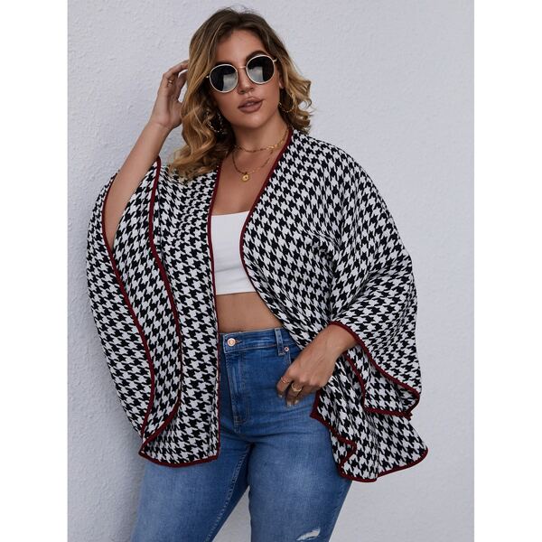 

Plus Houndstooth Contrast Binding Coat, Black and white