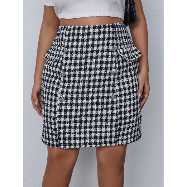 

Plus Gingham Tweed Straight Skirt, Black and white
