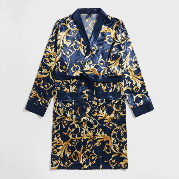 

Men Scroll Print Dual Pocket Belted Lounge Robe, Multicolor