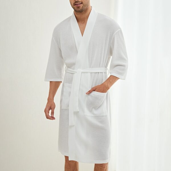 

Men Pocket Front Belted Waffle Knit Lounge Robe, White
