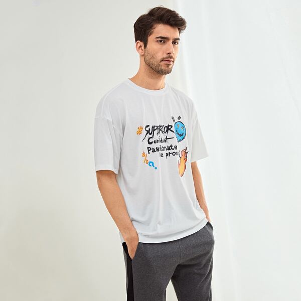 

Men Fire & Letter Graphic Drop Shoulder Tee, White
