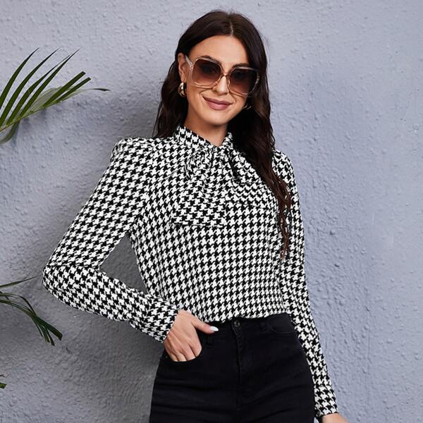 

Houndstooth Blouson Sleeve Tie Neck Blouse, Black and white