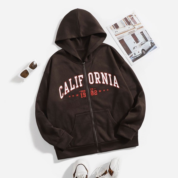 

Zip Up Letter Graphic Thermal Lined Hoodie, Chocolate brown