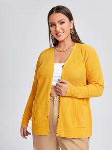 SHEIN áo hở cổ kích thước lớn Túi Nút phía trước màu trơn Giải trí - Màu vàng - Xem 1