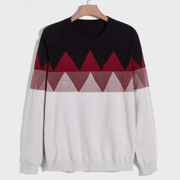 

Men Geo Pattern Color Block Sweater, Multicolor
