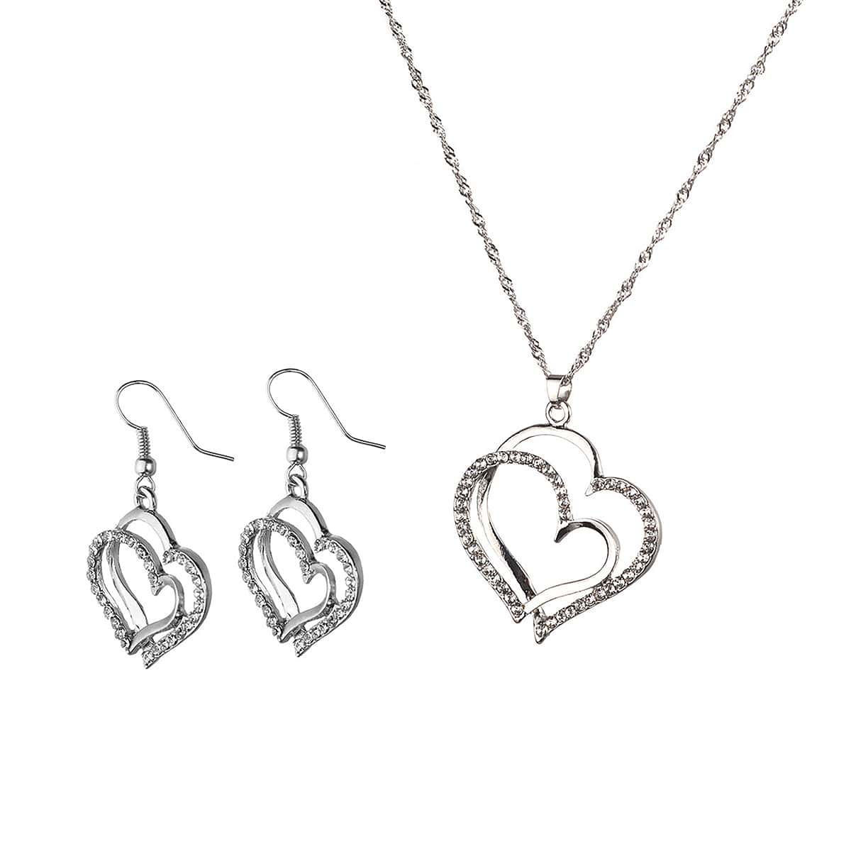 Heart Decor Chain Necklace & Earrings, Silver
