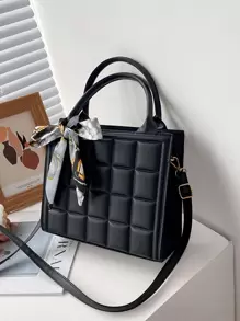 Elegant Business Solid Color PU Leather Fashion Handbag With Random Color Scarf, Women Shoulder Bag With Rivet & Metal Decoration, Bow Purse For Women - Black - View 1