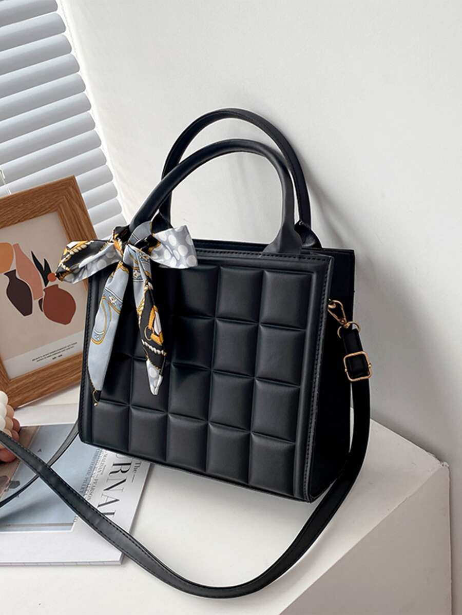 Elegant Business Solid Color PU Leather Fashion Handbag With Random Color Scarf, Women Shoulder Bag With Rivet & Metal Decoration, Bow Purse For Women - Black - View 1