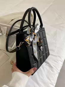Elegant Business Solid Color PU Leather Fashion Handbag With Random Color Scarf, Women Shoulder Bag With Rivet & Metal Decoration, Bow Purse For Women - Black - View 3
