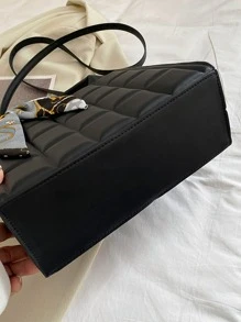 Elegant Business Solid Color PU Leather Fashion Handbag With Random Color Scarf, Women Shoulder Bag With Rivet & Metal Decoration, Bow Purse For Women - Black - View 5