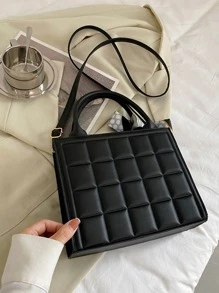 Elegant Business Solid Color PU Leather Fashion Handbag With Random Color Scarf, Women Shoulder Bag With Rivet & Metal Decoration, Bow Purse For Women - Black - View 7