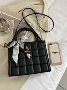 Elegant Business Solid Color PU Leather Fashion Handbag With Random Color Scarf, Women Shoulder Bag With Rivet & Metal Decoration, Bow Purse For Women - Black - View 8