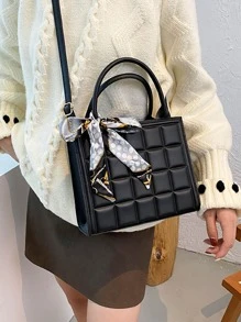 Elegant Business Solid Color PU Leather Fashion Handbag With Random Color Scarf, Women Shoulder Bag With Rivet & Metal Decoration, Bow Purse For Women - Black - View 2