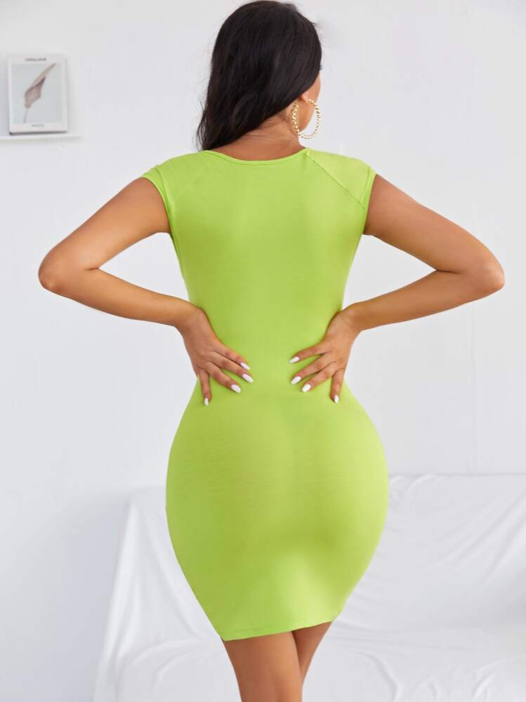 shein neon green dress SHEIN Neon Green Wrap Asymmetrical Hem Bodycon Dress