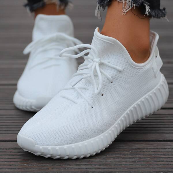 

Minimalist Lace Up Decor Knit Running Shoes, White