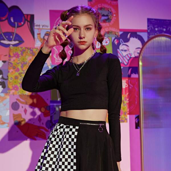 Solid Crop Tee & Contrast Checkerboard Pleated Skirt, Black and white