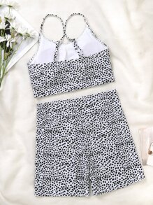 斑点狗印花套装交叉后背无钢圈文胸和平角短裤两件套比基尼套装夏季海滩 - 黑與白 - 查看 6