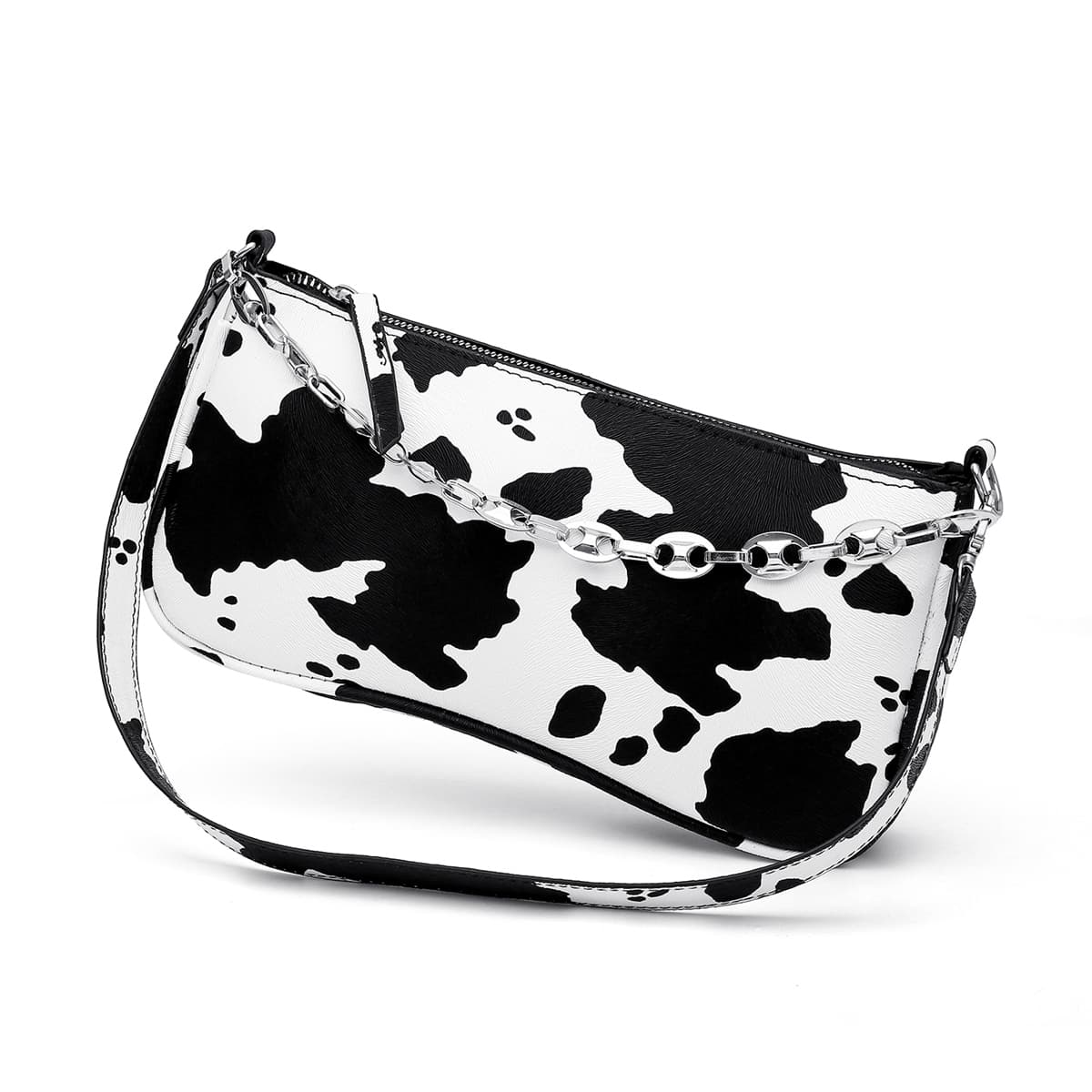 

Cow Print Shoulder Bag, Black and white
