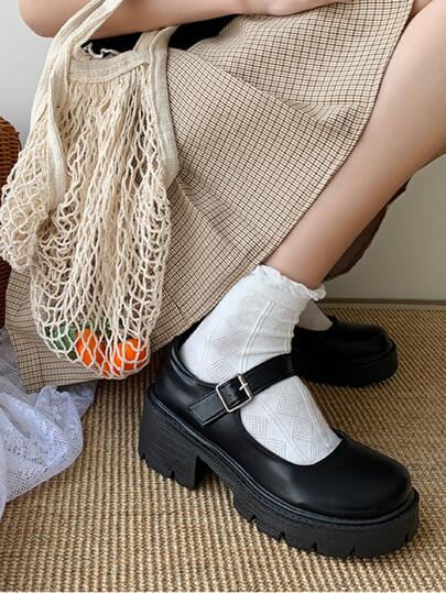 Women Black Minimalist Platform Chunky Heeled Mary Jane Shoes