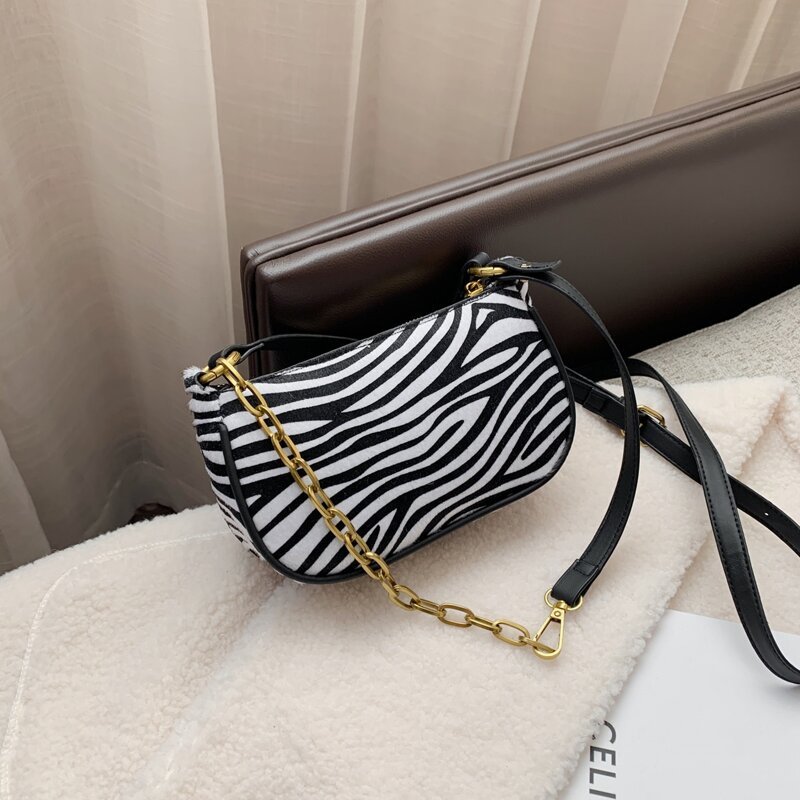 

Zebra Striped Shoulder Bag, Black and white