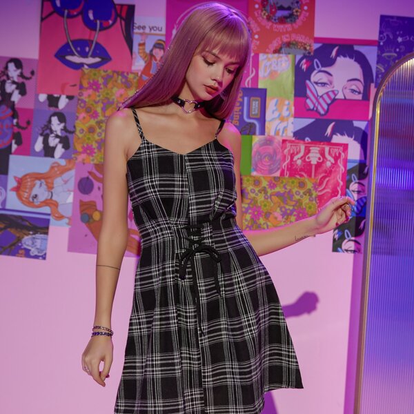 

Lace-up Plaid Cami Dress, Black
