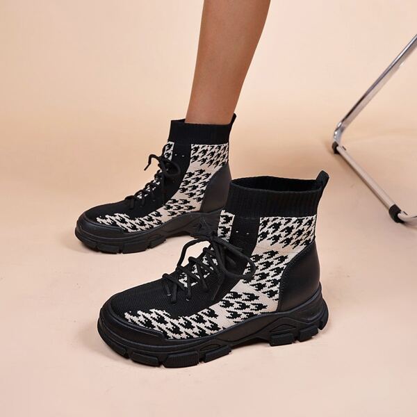 

Houndstooth Graphic Lace-Up Front Sock Boots, Black and white