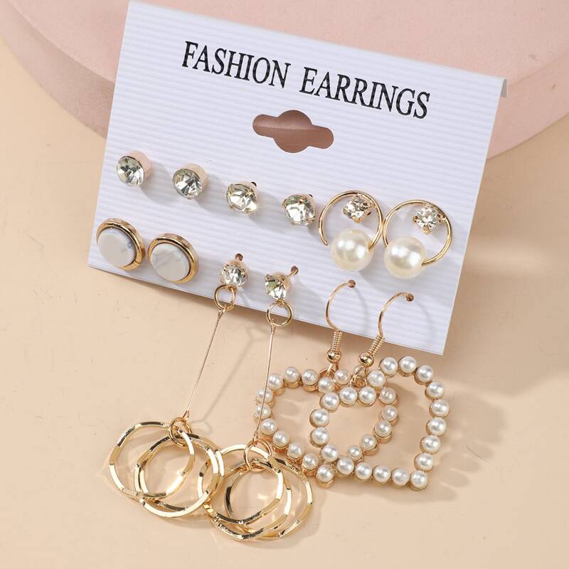 

6pairs Faux Pearl Decor Earrings, Gold