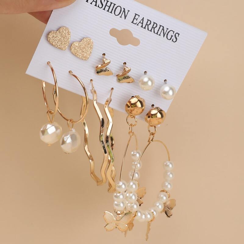 

6pairs Faux Pearl Decor Earrings, Gold