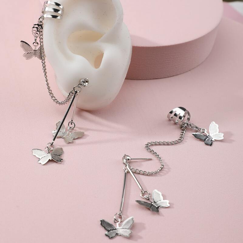 

2pcs Butterfly & Chain Earrings, Silver