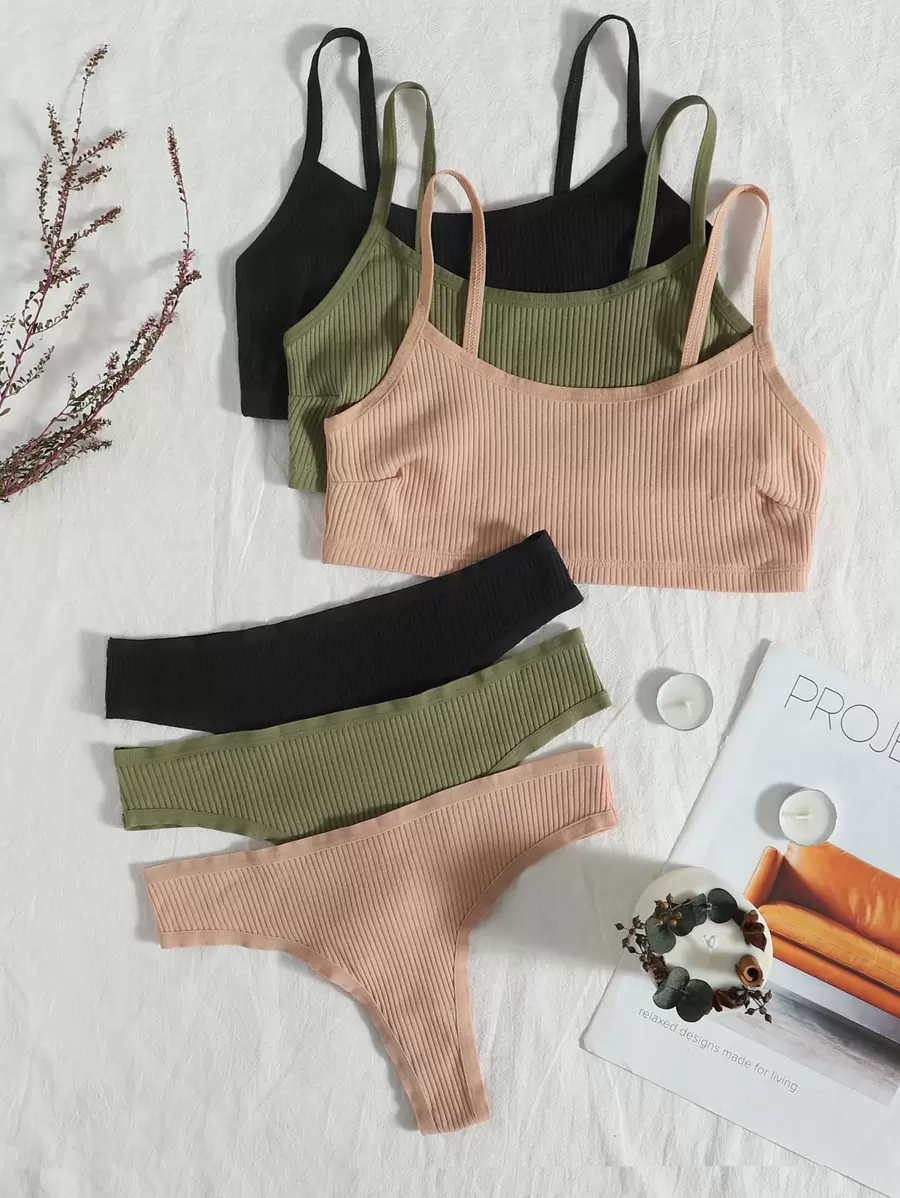 3 件純色胸罩和內褲內衣套裝 - 彩色 - 查看 1