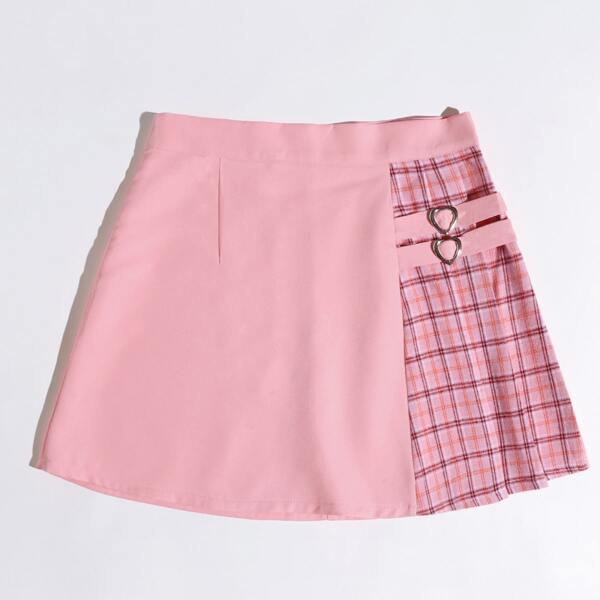

Plus Contrast Plaid Tape Detail Skirt, Coral pink