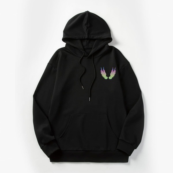 

Men Wing Print Kangaroo Pocket Drawstring Hoodie, Black