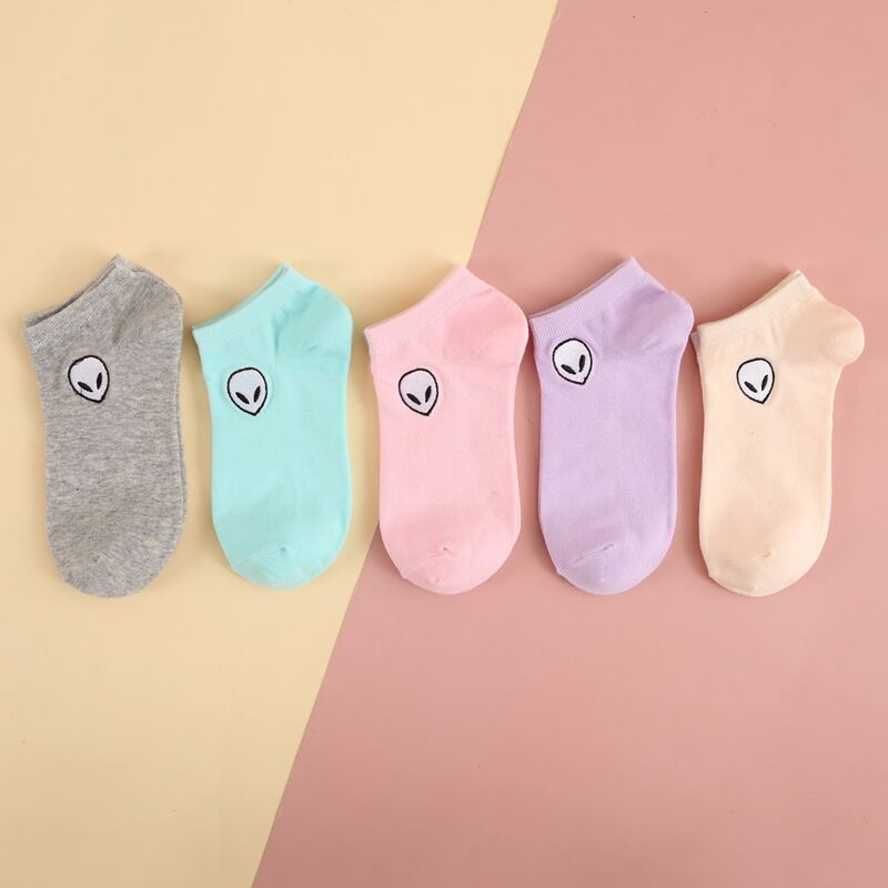 

5pairs Alien Embroidery Ankle Socks, Multicolor