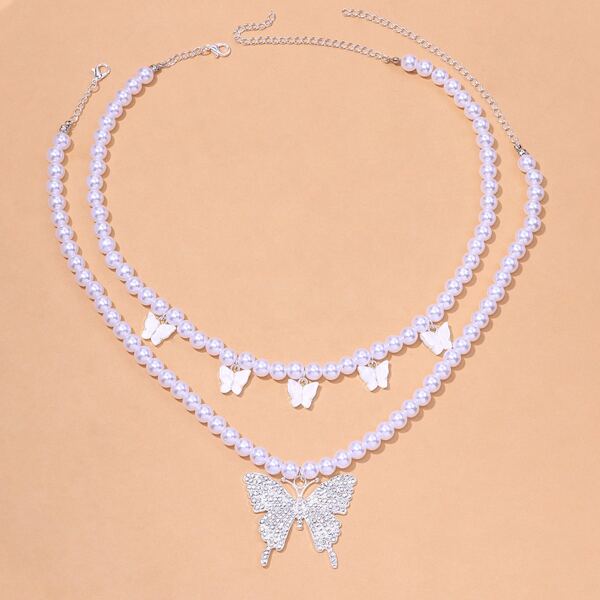 

2pcs Rhinestone Butterfly Charm Faux Pearl Beaded Necklace, White
