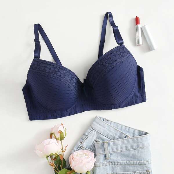 Plus Contrast Mesh Underwire Bra, Navy blue