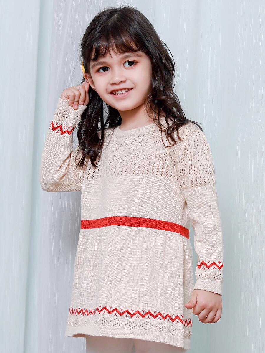 Toddler Girls Pointelle Knit Chevron & Striped Pattern Jumper Dress - Apricot - View 1