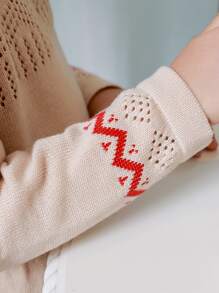 Toddler Girls Pointelle Knit Chevron & Striped Pattern Jumper Dress - Apricot - View 3