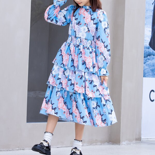 

Girls Floral Shirred Waist Layered Hem Dress, Multicolor