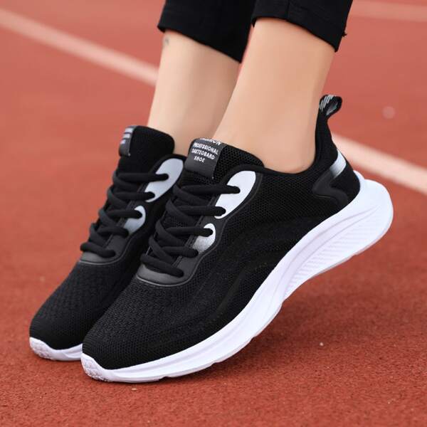 

Lace-up Front Low Top Knit Sneakers, Black