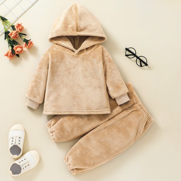 Baby Solid Flannel Hoodie & Sweatpants, Khaki