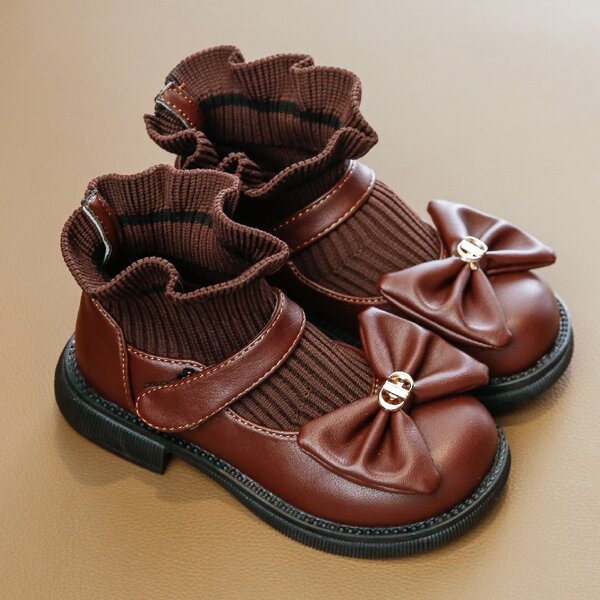 

Girls Bow Decor Ruffle Trim Boots, Brown