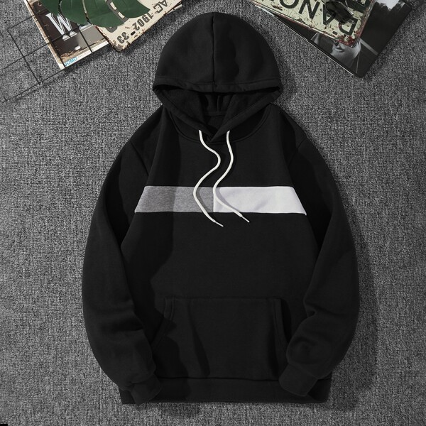 

Men Contrast Panel Kangaroo Pocket Drawstring Hoodie, Black