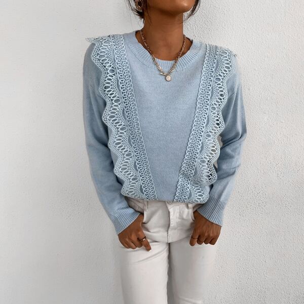 

Guipure Lace Appliques Drop Shoulder Sweater, Dusty blue